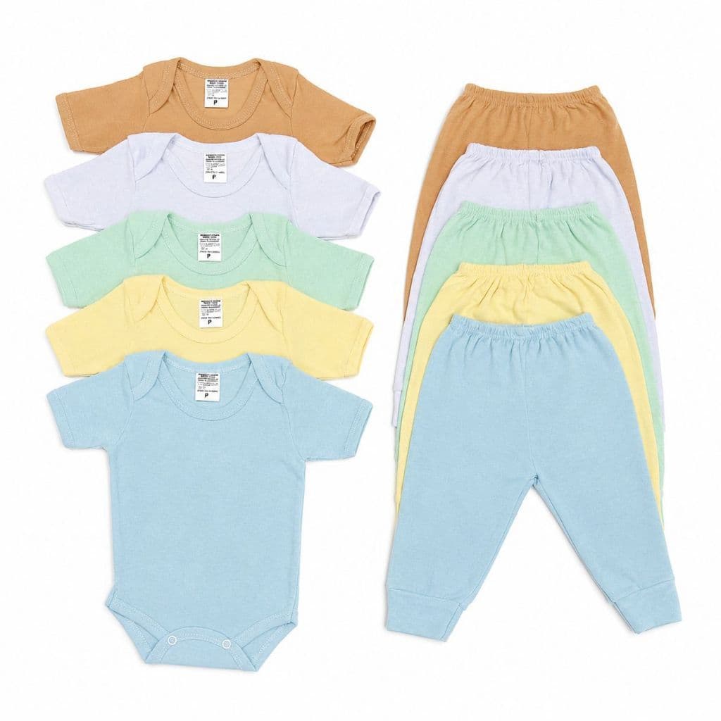 Kit C/ 10 Peças - Body + Calça de Bebê Liso 100% Algodão Manga Curta Menino e Menina