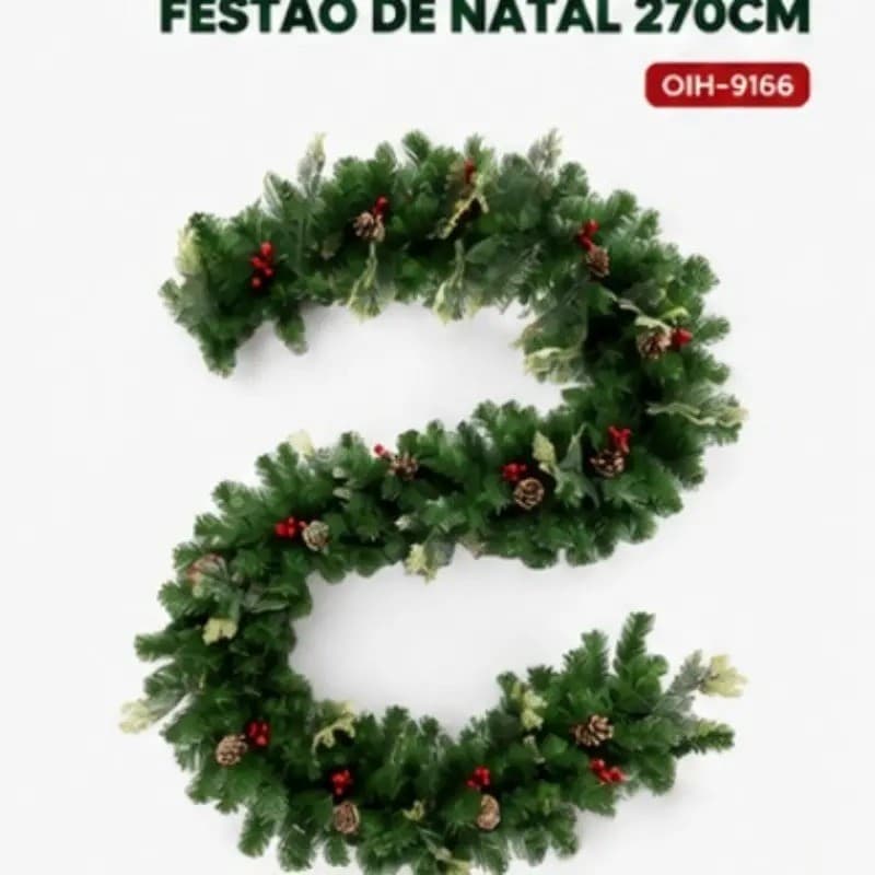 Festão Natalino Verde Artificial 270cm com Galhos Decorativos, Pinhas e Folhagem Realista Oásis OIH-9163