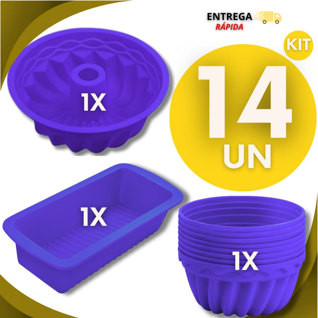 14 Formas de Silicone -1 Forma Pão,1Forma Bolo ou Pudim, 12 Forminhas  Cupcake Forma Silicone