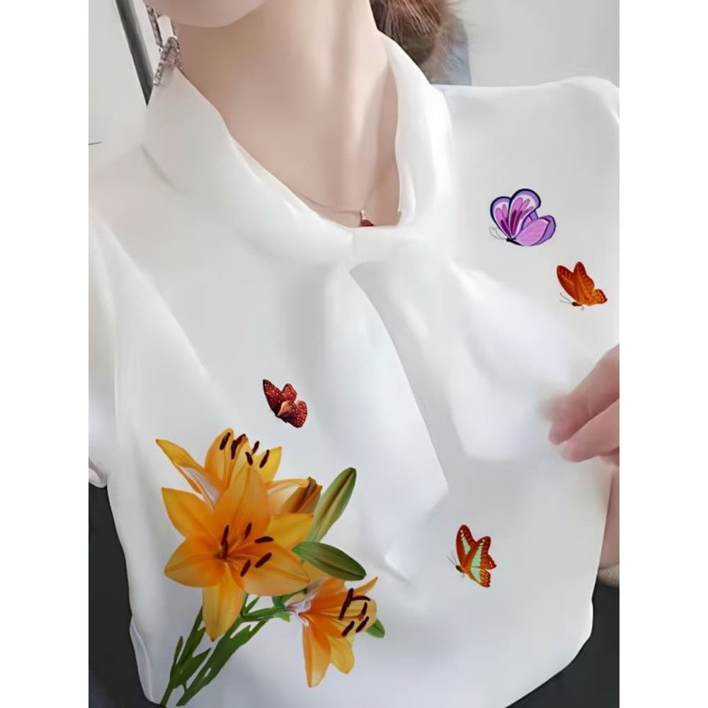 Mais fino olhar redução de idade mãe Chiffon blusa topo verão novo estilo capa barriga moda flor borboleta camisa POLO