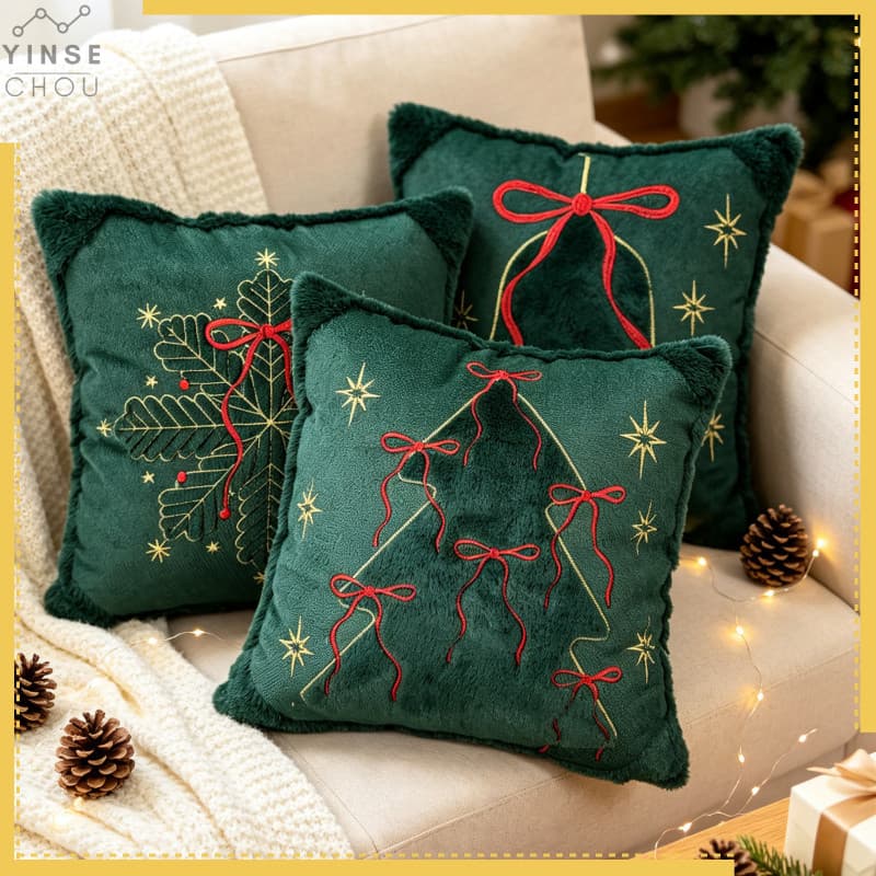 Capa de Almofada Bordada com Árvore de Natal 45*45cm, 30*50cm, Capa de Almofada Decorativa para Sofá com Bordado de Floc