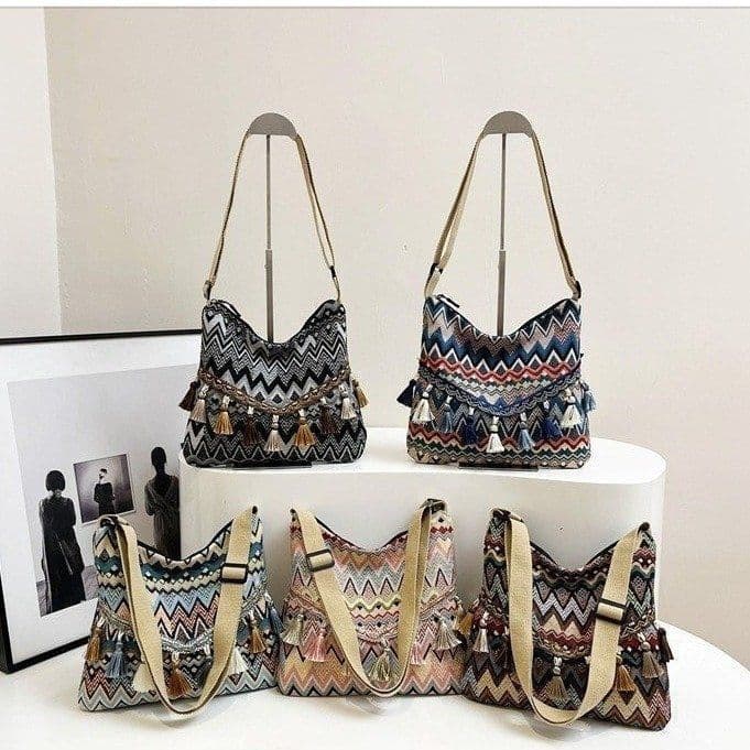 [XKB] (Multicolorido opcional) Cor de contraste brilhante feita à mão com borla decoração bolsa de lona feminina bolsa m