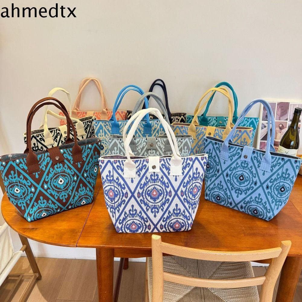 Bolsa De Malha Estilo Étnico AHMEDTXB , Lona Com Impressão Geométrica Colorida , Sacola De Grande Capacidade