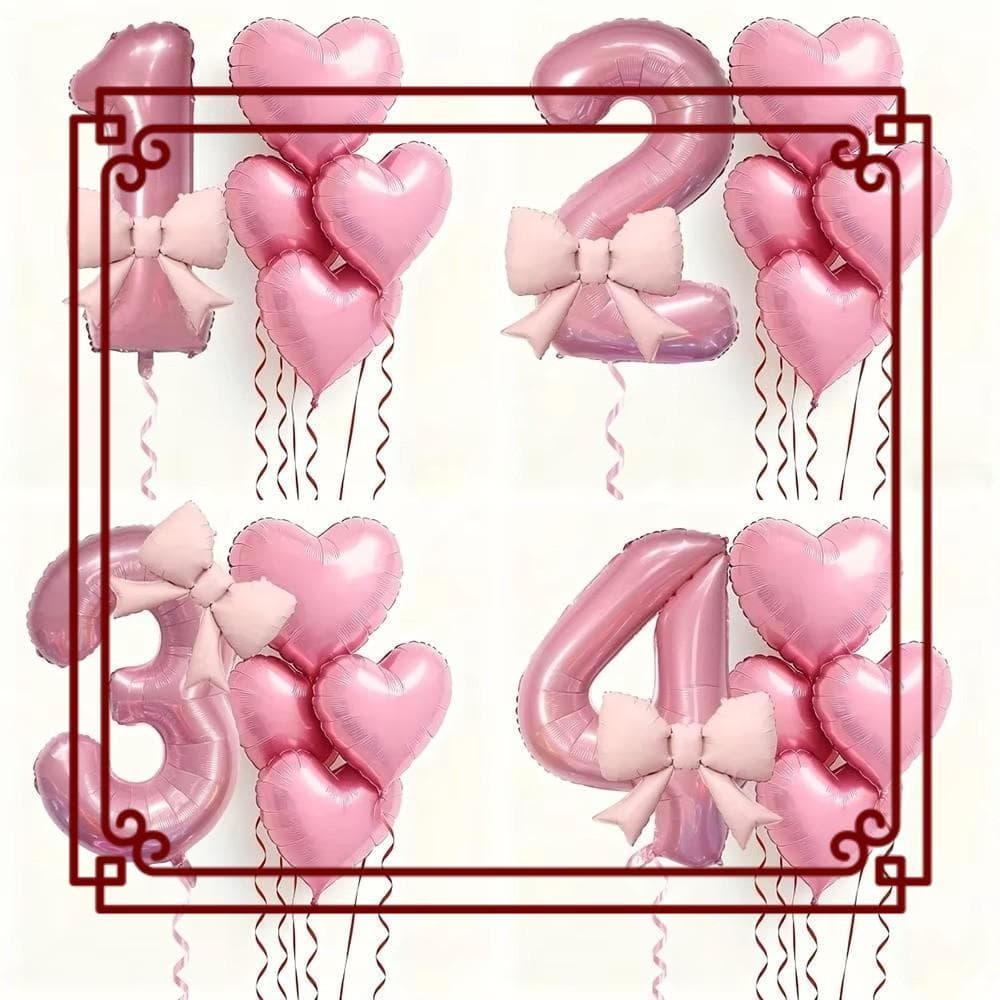 6 Peças De Balão De Coração Com Laço Rosa , Romântico De Folha De Número De 32 Polegadas ,