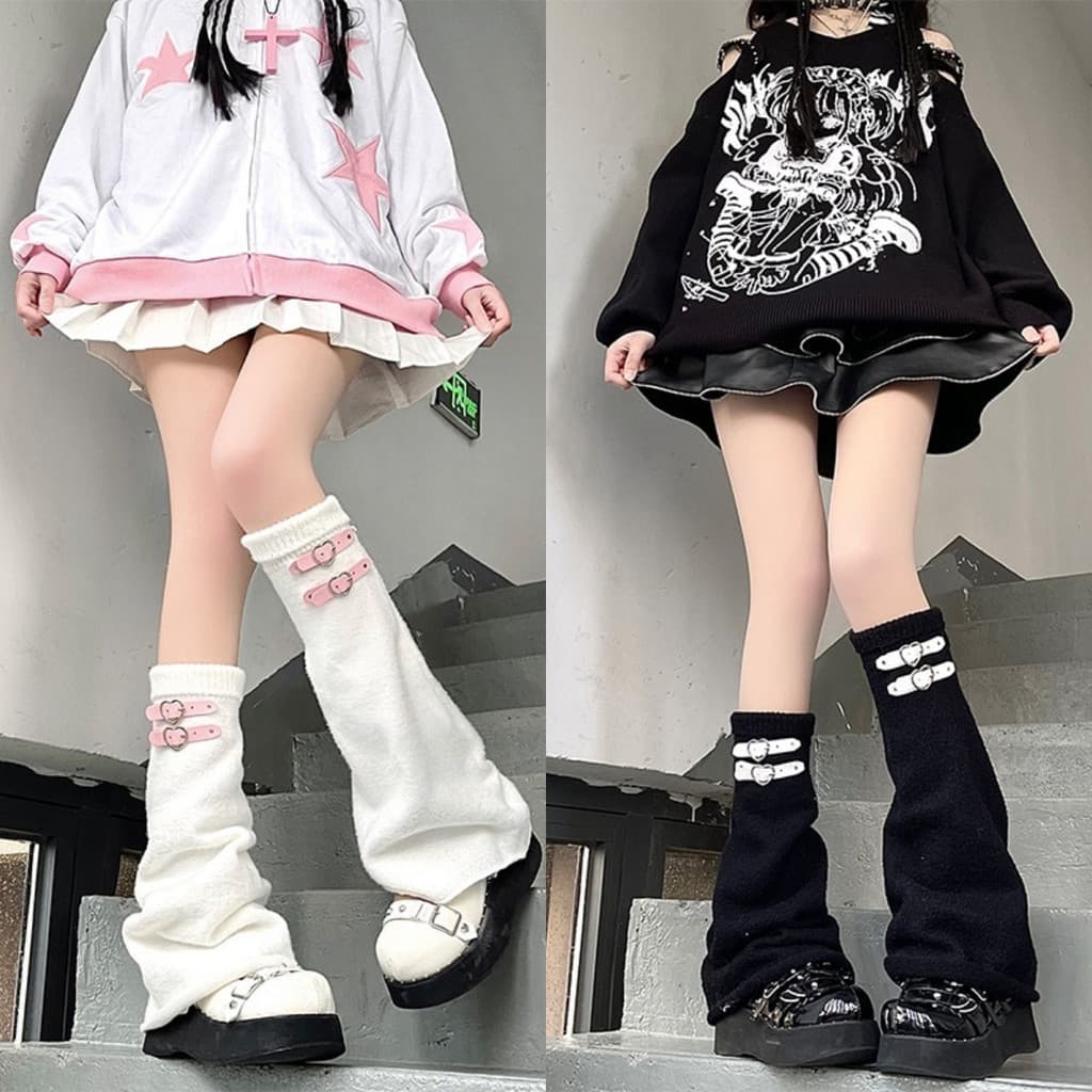 Leggings de malha solta dos anos 2000, equipadas com uma fivela de couro em formato de coração, meias Harajuku femininas