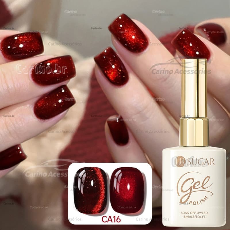 Esmalte em Gel Magnético Olho de Gato Vermelho 15ML, Cor Vermelha de Natal, Efeito Brilhante com Pérolas de Vidro, Unhas
