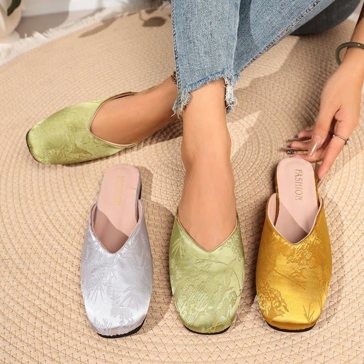 Senhoras Jacquard cetim Muller volta vazio capa pé plana Casual diário sapatos femininos