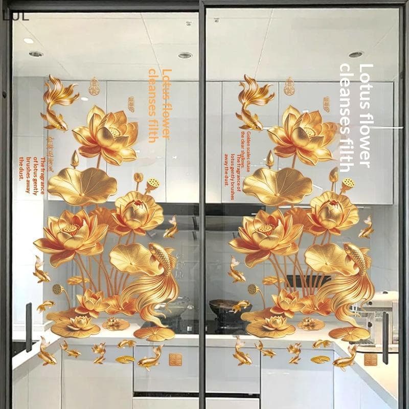 [LUL] 2 Unidades Antiestáticas 3D Flor Koi Adesivos De Porta Decalques De Padrão Vívido Para Decoração De Interiores De