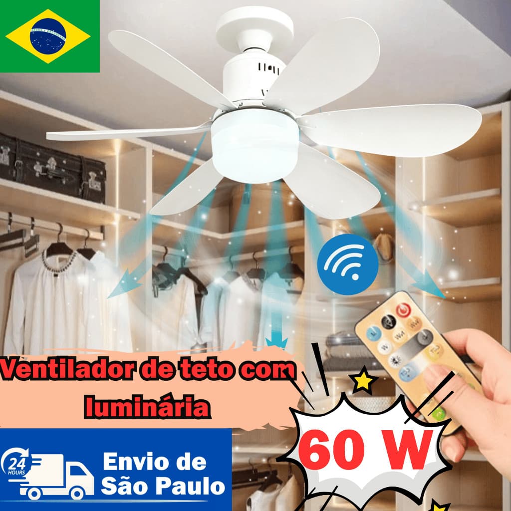Ventilador Teto Luminária 60W Ventos Fortes 6 Pás 3 Velocidades Controle Remoto Luz