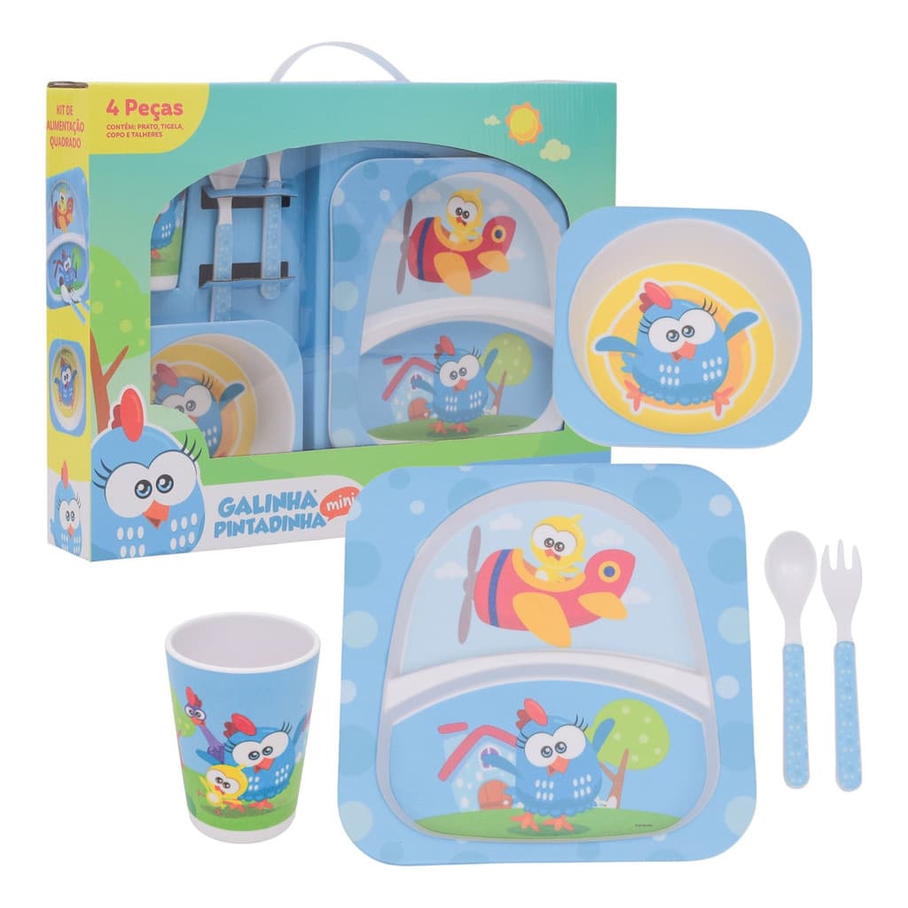 Kit Alimentação Prato Divisão Copo Talher Galinha Pintadinha
