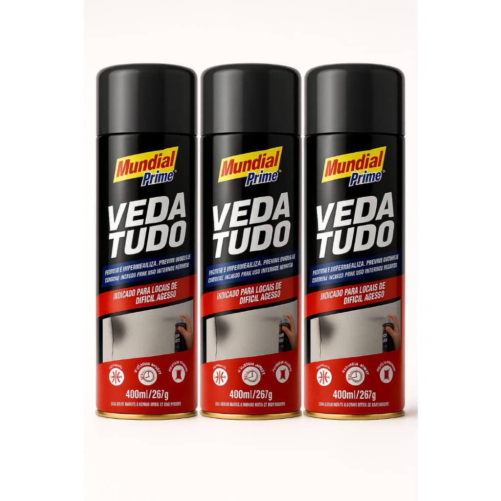 KIT COM 3 Spray Veda Tudo Borracha Líquida Impermeabilizante 400ml – Mundial Prime Vedatudo Spray Impermeável Multiuso