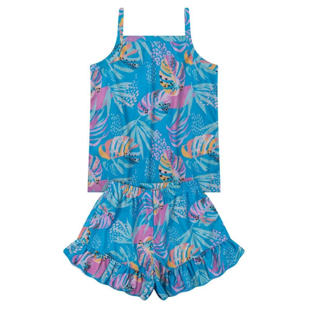 Conjunto Infantil Menina Estampado Folhas Turquesa