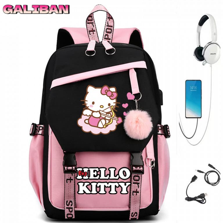 Mochila escolar Hello Kitty de desenho animado, mochila escolar de poliéster macio de grande capacidade, mochila fofa pa
