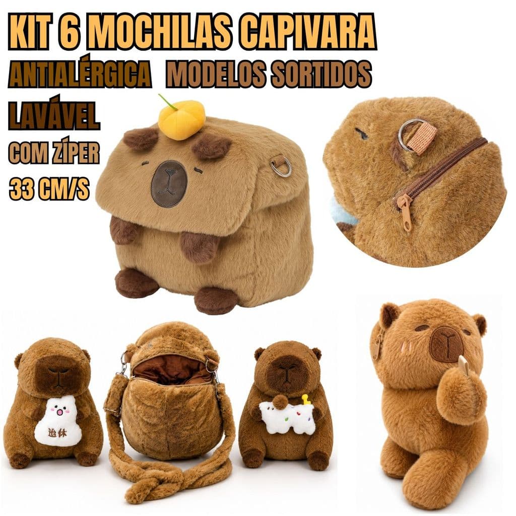 Kit com 6 Mochilas Capivara de Pelúcia 30cm Sortidas Infantil Escolar Passeio Presente Revenda