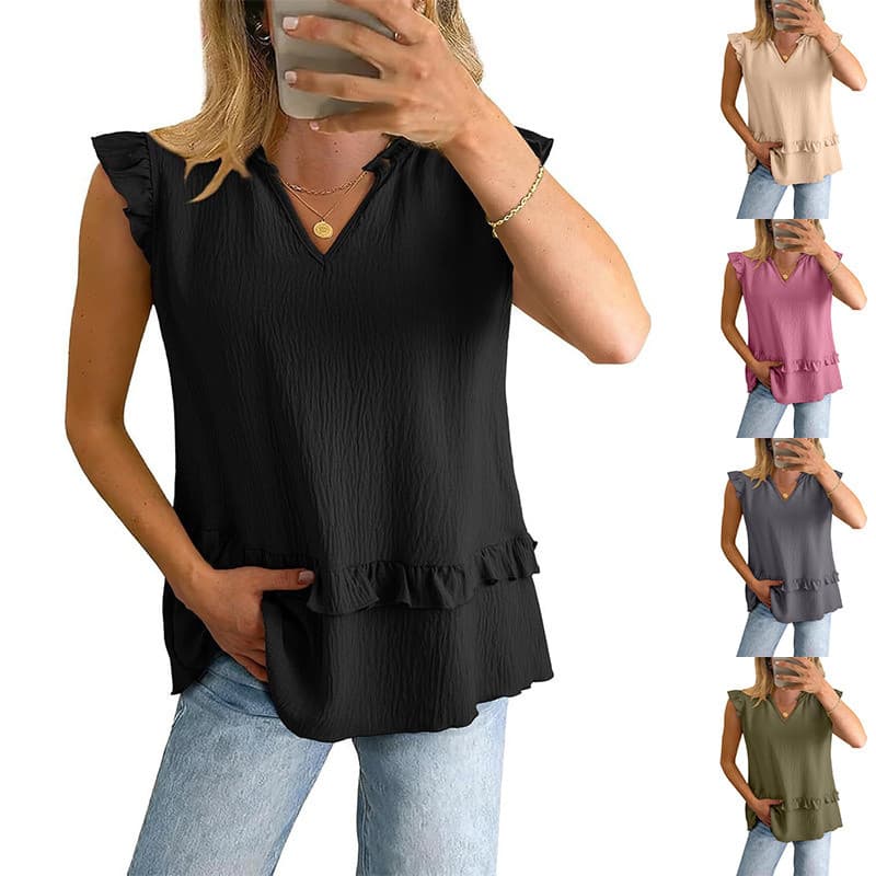 Blusa Feminina De Verão casual tops Babados Gola V Camisa Colete