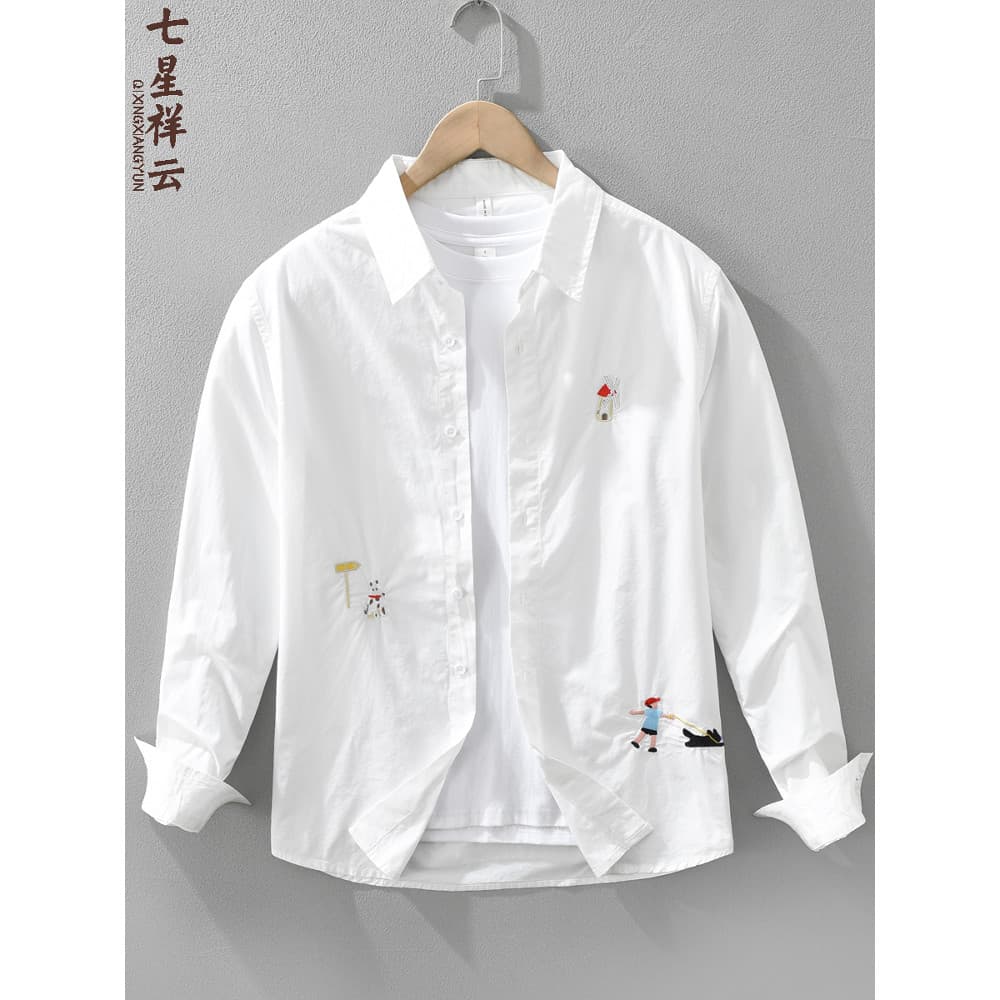 Japonês fresco dos desenhos animados camisa bordada masculina de manga comprida nicho Design sentido moderno na moda ruf