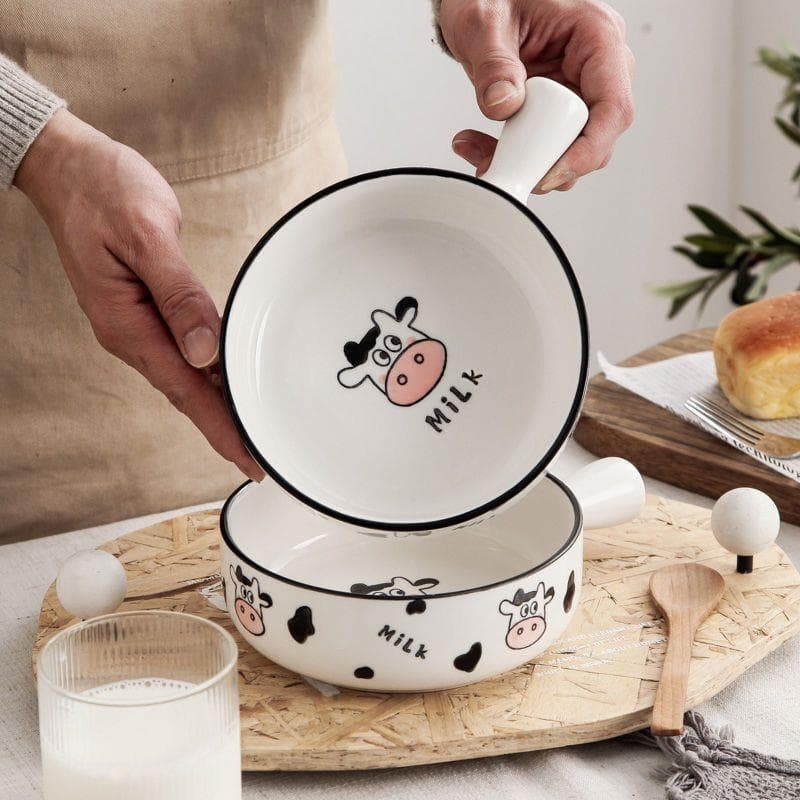 Tigela de macarrão instantâneo de leite de cerâmica de desenho animado, tigela de salada de frutas, alça criativa domést