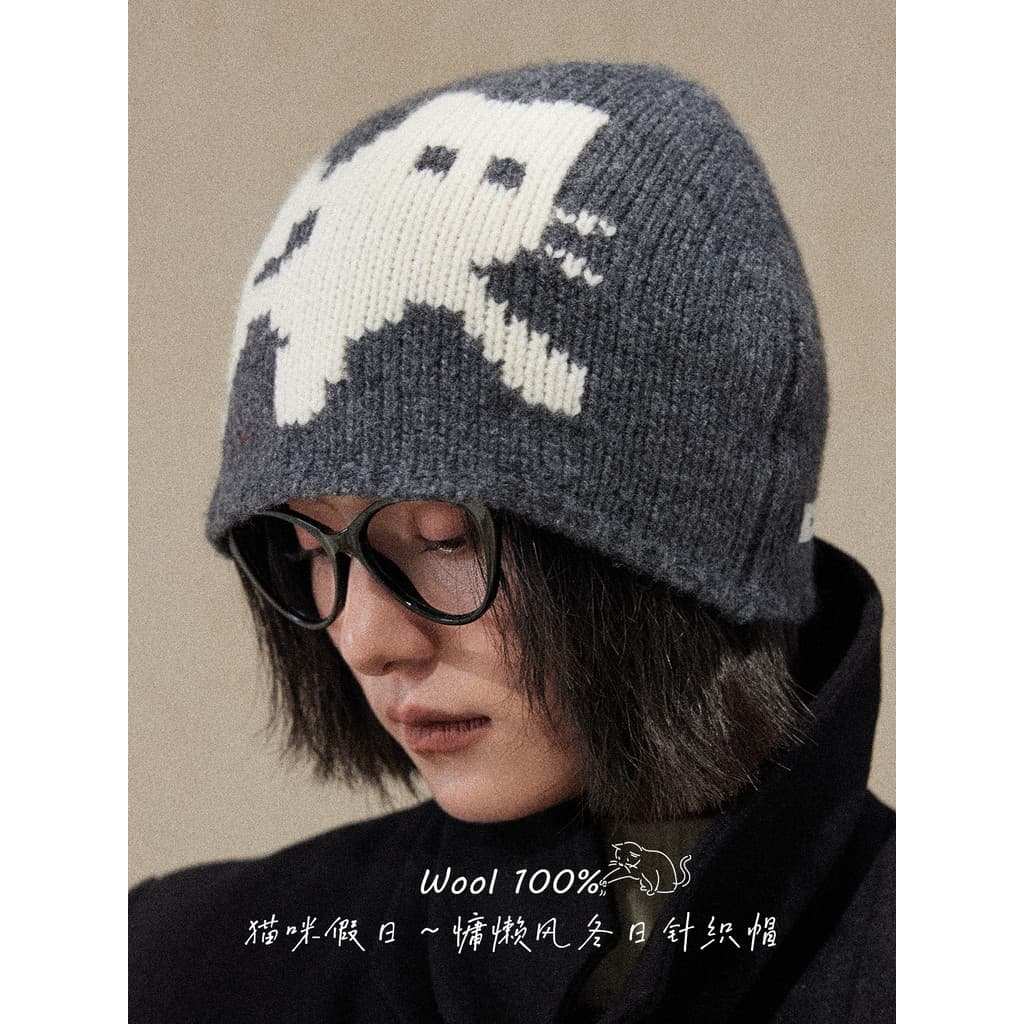 Lagur Cat Holiday ~ Preguiçoso Estilo Inverno Tricotado Chapéu Frio 100% Lã Grosso Jacquard Lã Chapéu Meninas