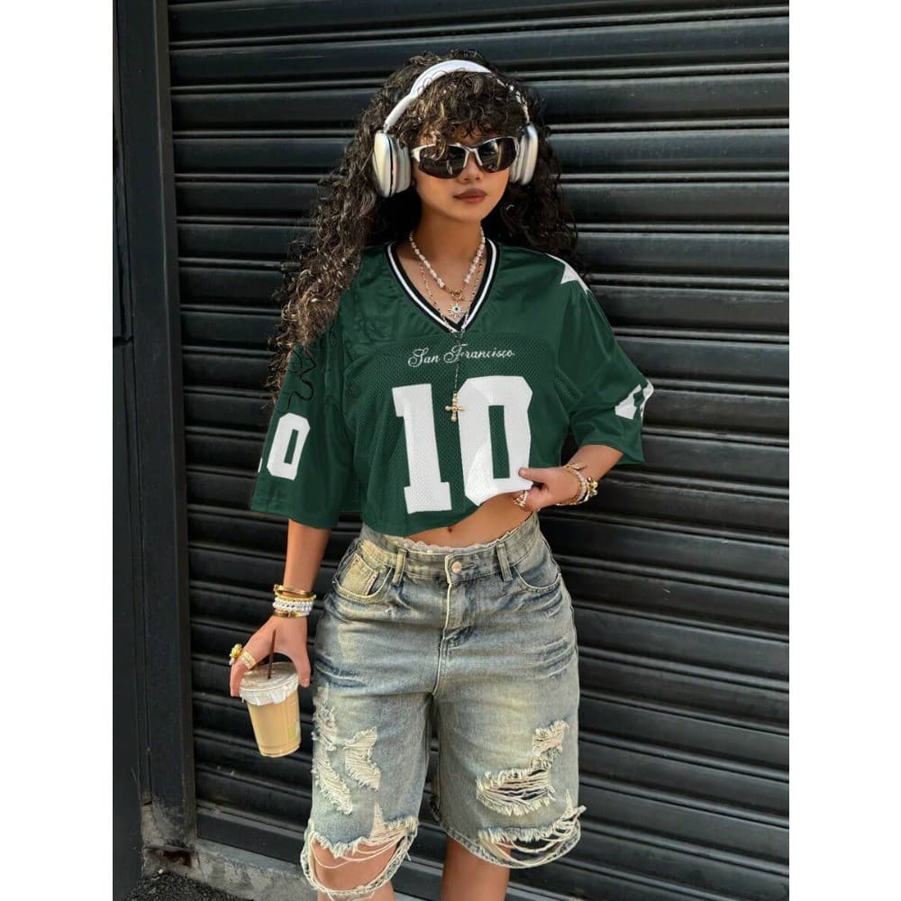 Camiseta Feminina Casual Curta Verde Estampada para Esportes ao Ar Livre e Moda Urbana VVLM