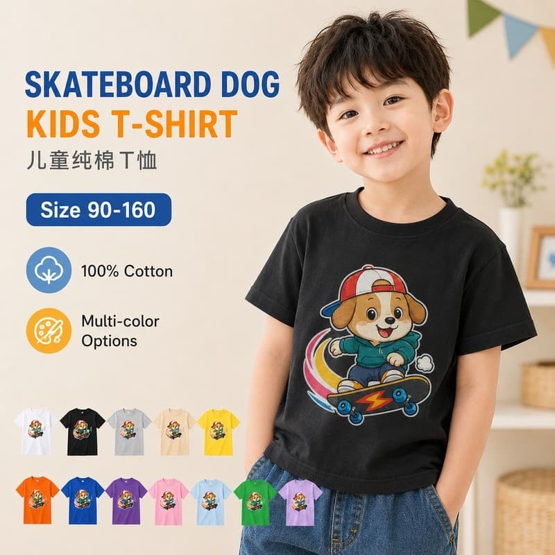 Camiseta infantil 100% algodão, camiseta infantil com estampa de cachorrinho em estilo skate, roupa infantil com estampa