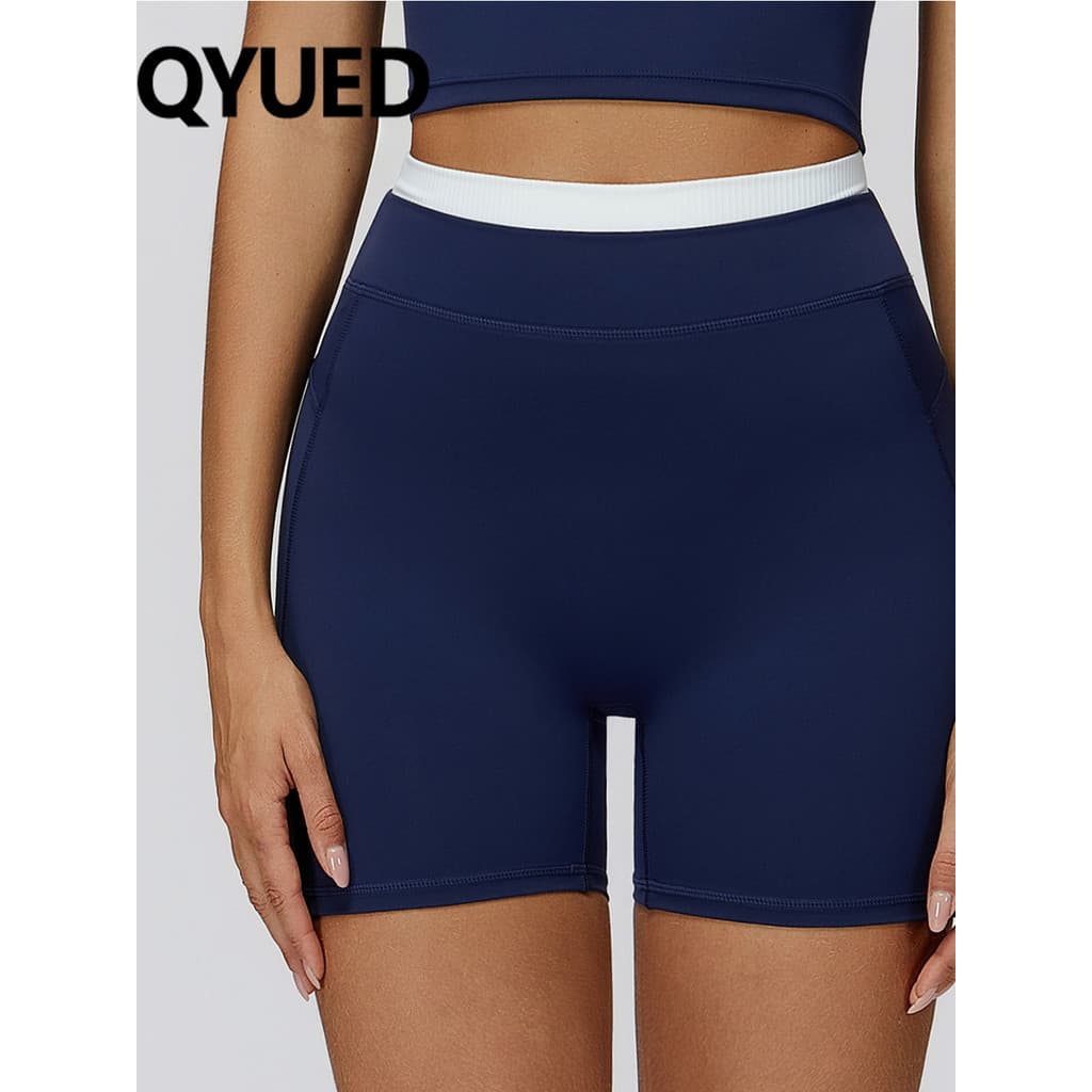 Europeu americano Cross-Border Nude contraste cor Yoga Shorts feminino rosqueado cintura alta magro estiramento Fitness