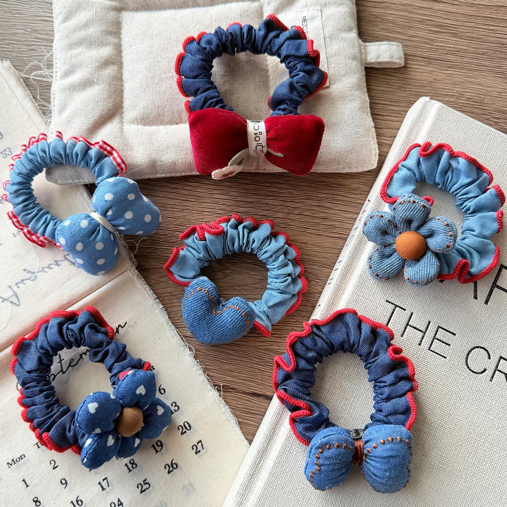 Denim vermelho crianças rabo de cavalo pequeno Scrunchy anel de cabelo menina bebê tecido arco flor cabeça corda cabeça
