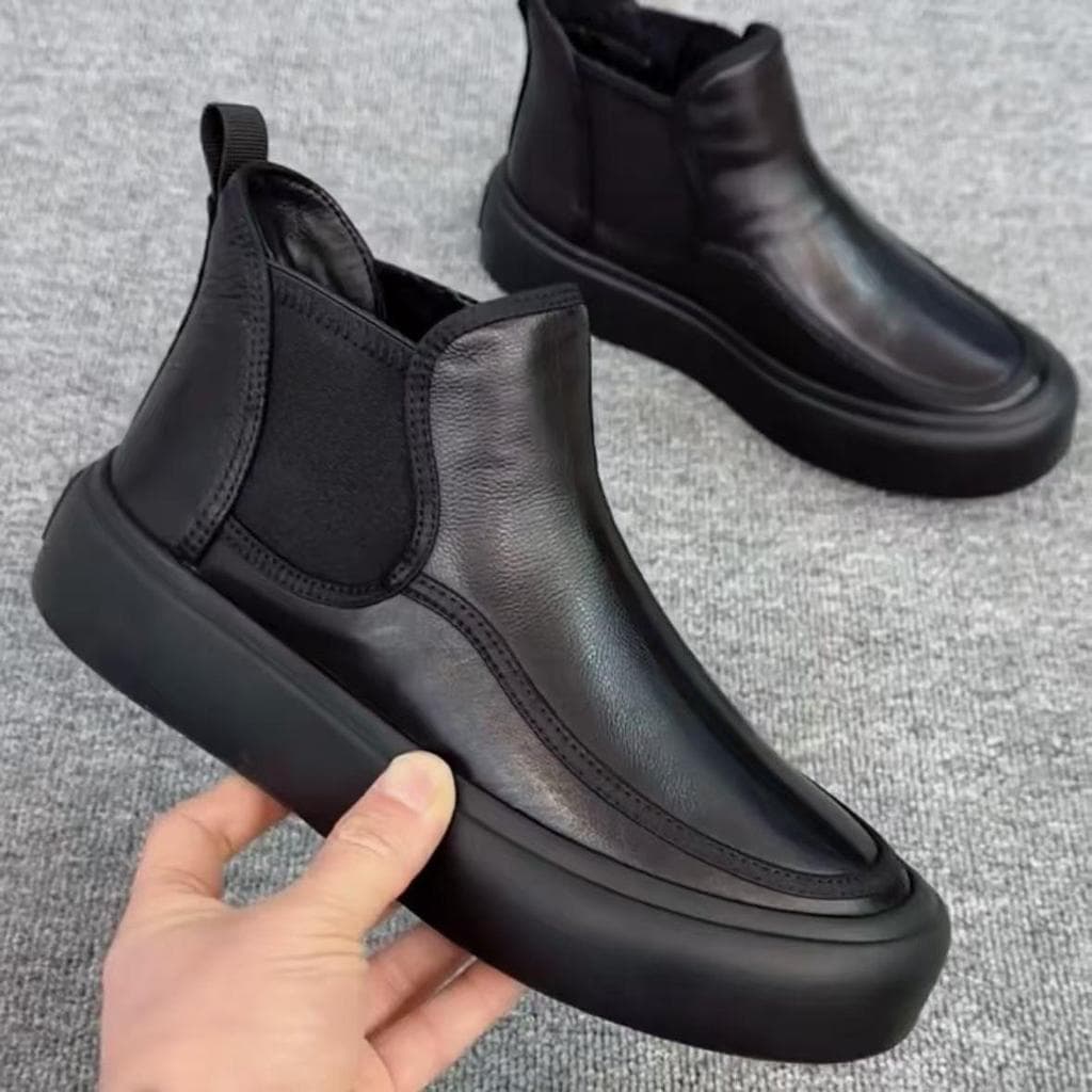 Botas Chelsea de couro genuíno genuíno masculino estilo britânico 2025 outono inverno novo estilo velo-velo quente sapat