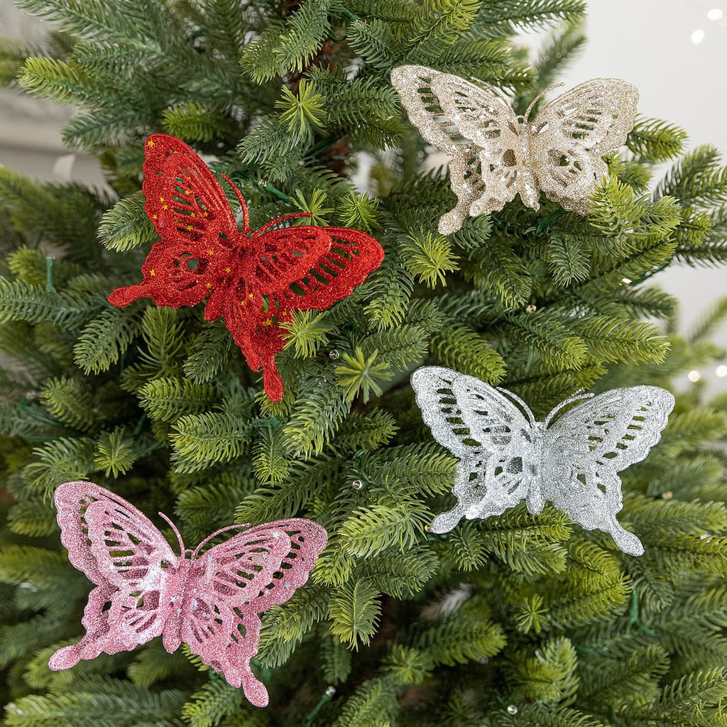 Natal vermelho Glitter simulação borboleta decoração de árvore de natal decoração de cena de natal