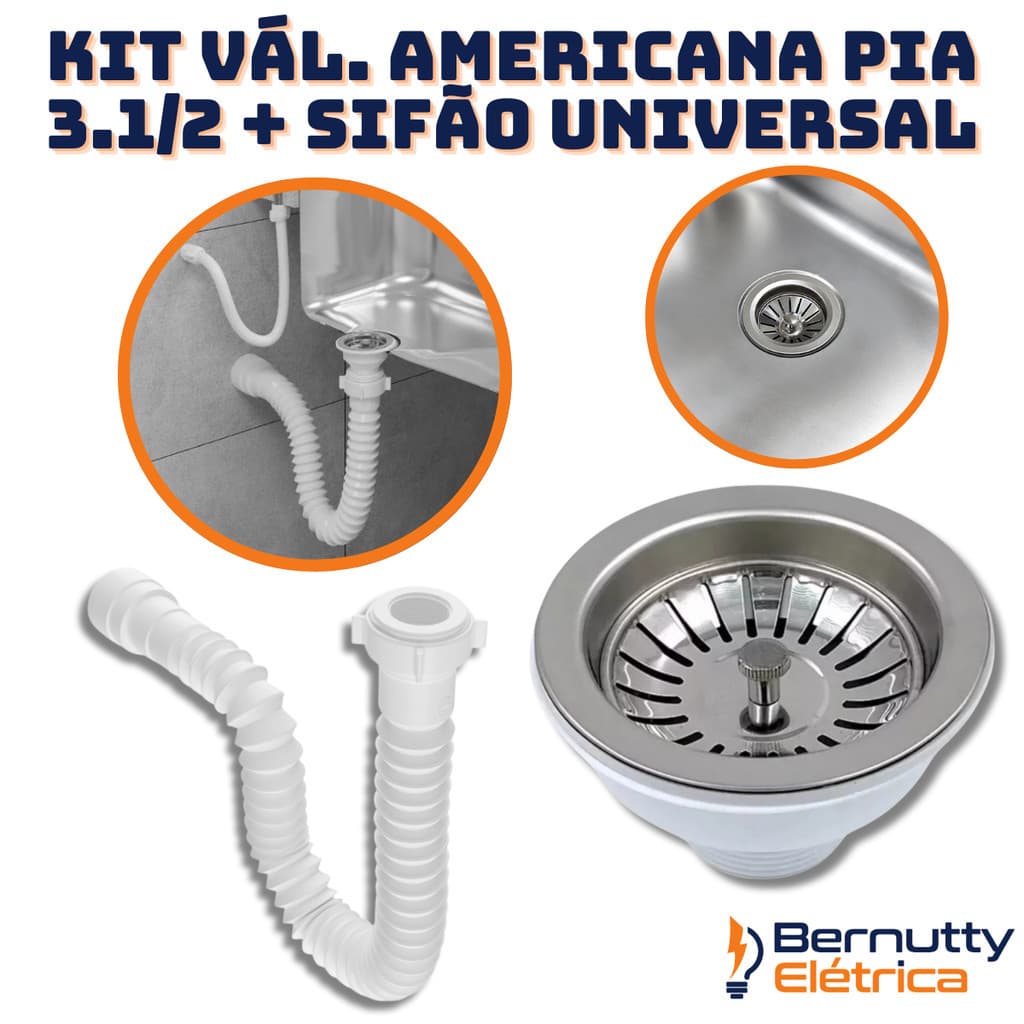 Kit Válvula Americana Inox 3.1/2 + Sifão Extensivo Universal Branco