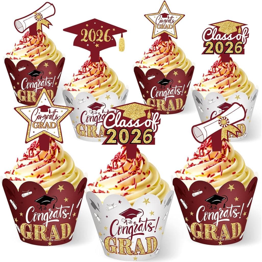 Sinmoe 96 Peças Enfeites e Embalagens para Cupcakes de Formatura 2026, Decorações de Bolo "Parabéns, Formando", Enfeites