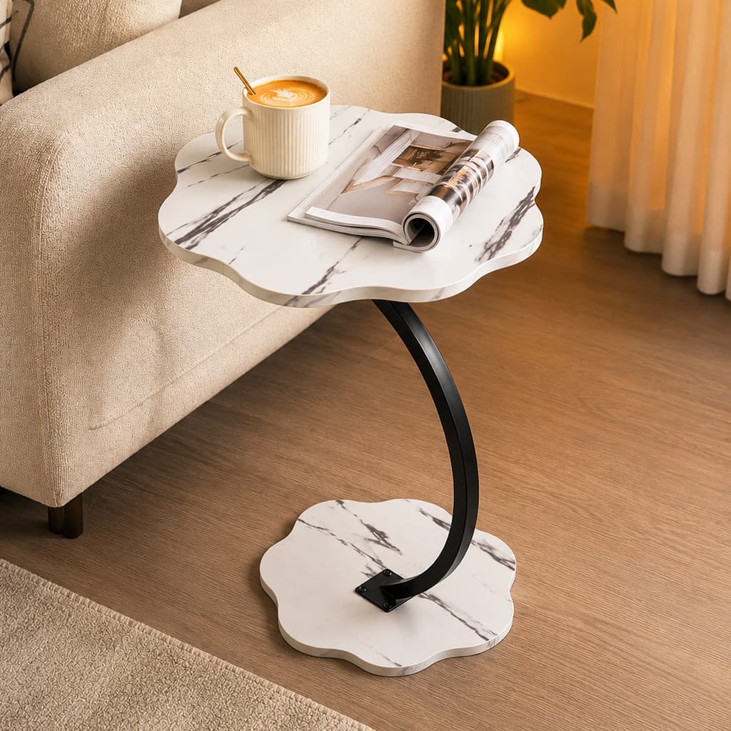 Mesa de Apoio para Sofá 60cm Mesa Lateral Decorativa Estilo Moderno Tampo Marmorizado para Sala de Estar