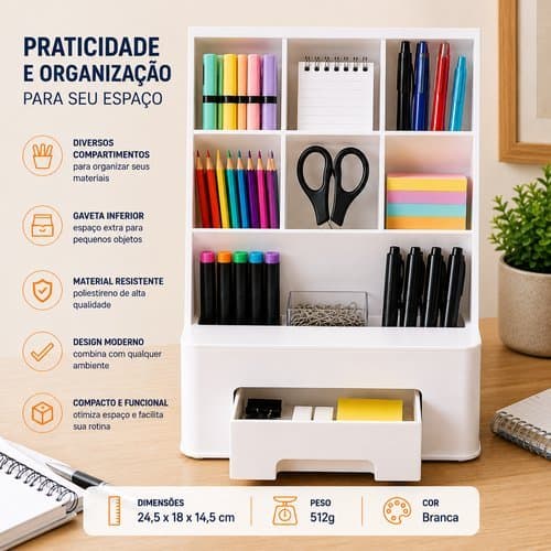 Organizador Multiuso Mesa Escritorio Casa Plastico Branco Divisorias Compacto