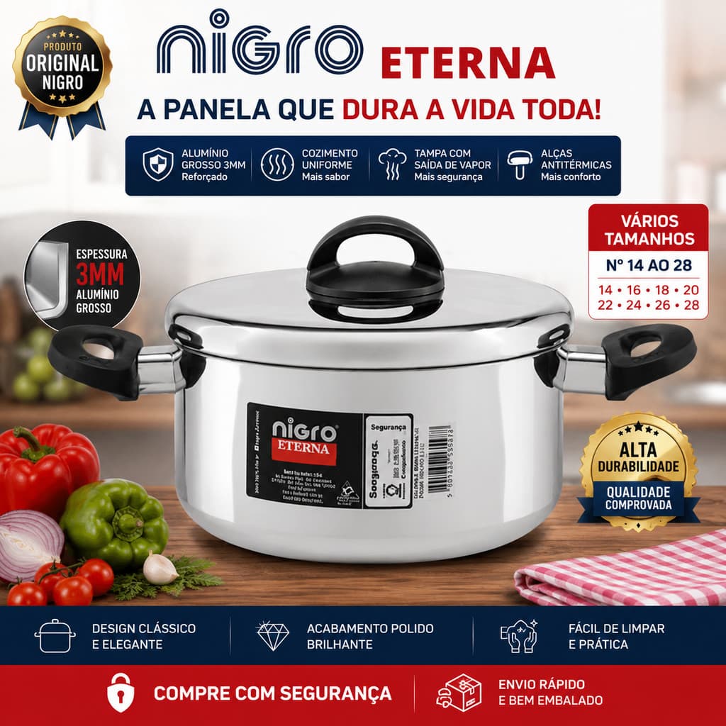Panela Caçarola Nigro Eterna Alumínio Polido Grosso 3mm Com Tampa Original Nº 14 ao 28