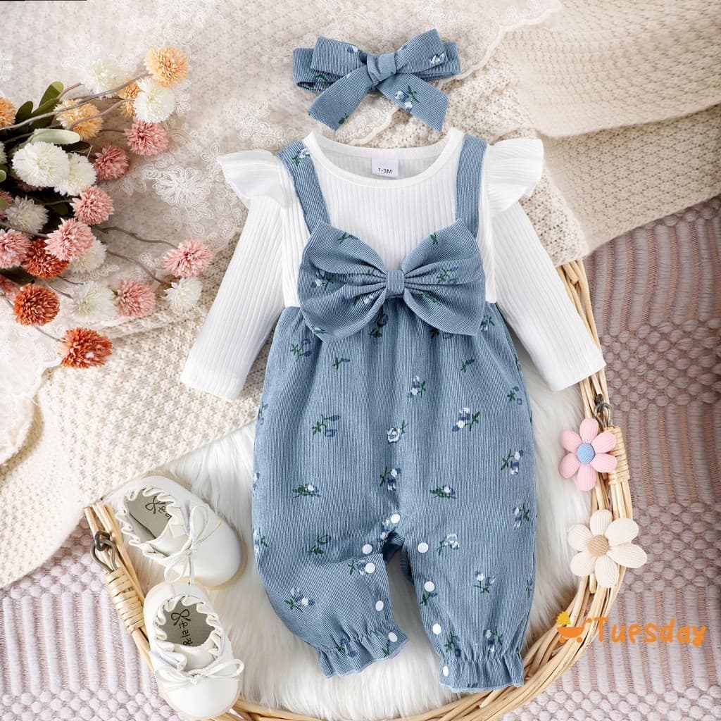 Macacão de Manga Longa TSD para Bebês Meninas com Estampa Floral, Design Falso de Duas Peças, Laço e Faixa de Cabelo Fof