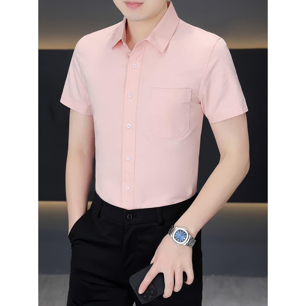 Camisa masculina de manga curta lapela fino ajuste cor sólida ferramentas bolso negócios camisa Casual verão novo estilo