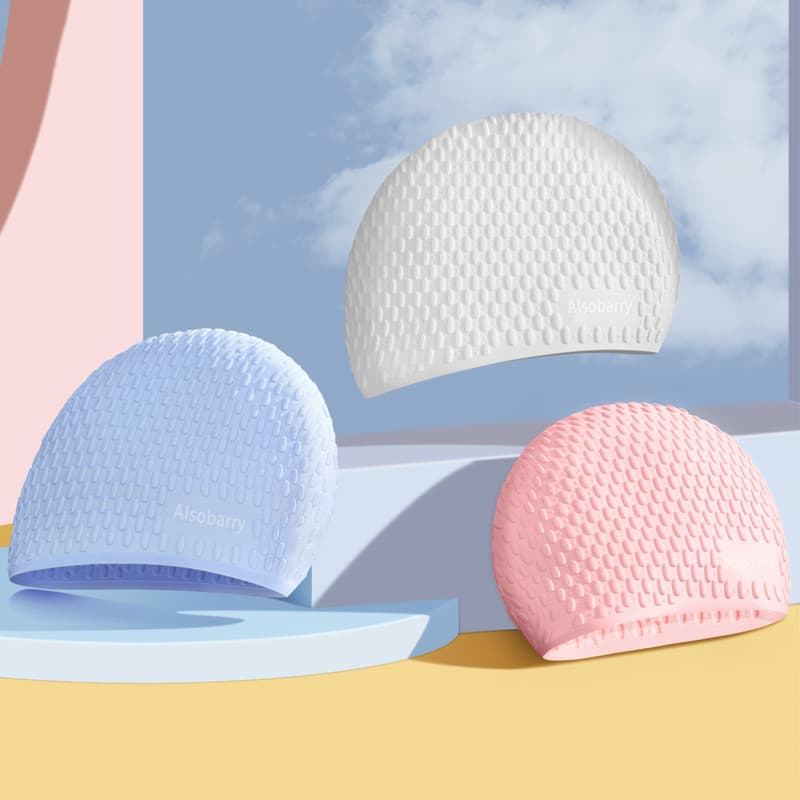 Touca de natação com bolha de cabelo longo feminino, Extra grande, Silicone, à prova d'água, proteção para os ouvidos, a