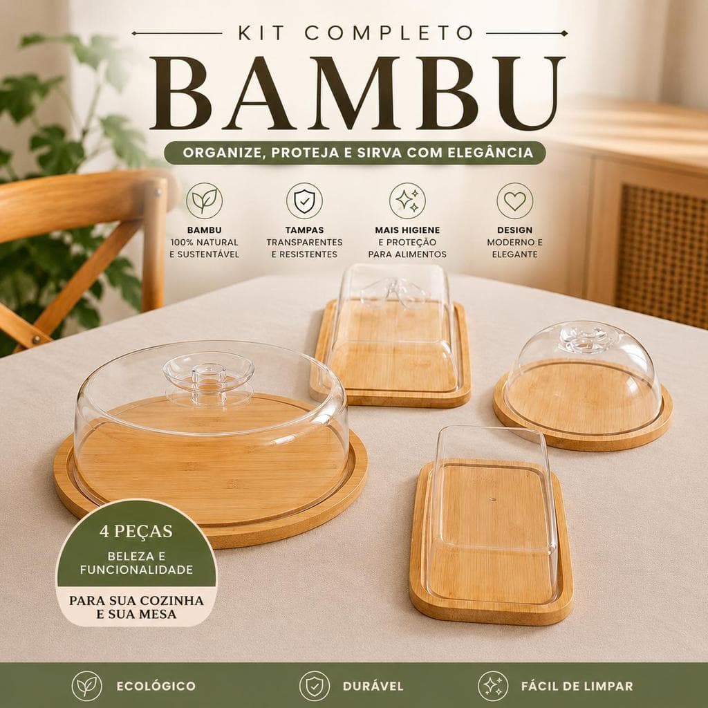 KIT Café da manha de bambu, 4 itens Boleira, Queijeira, Manteigueira e Porta frios ideal para mesa posta.