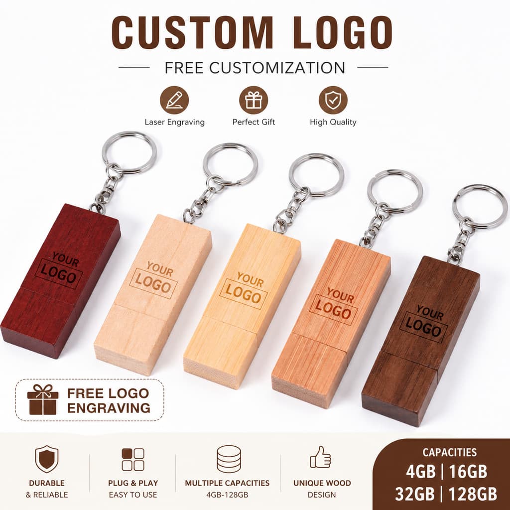 Personalizado De Madeira USB 2.0 Flash Drive Chaveiro Gravura 4GB 16GB 32GB 128GB Capacidade Real Memória Vara Presente