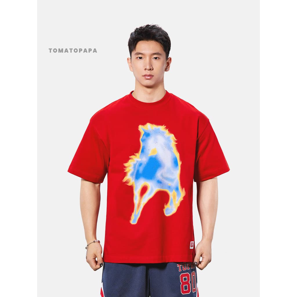 TOMATEPAPA Verão Ano do Cavalo Novo Estilo Manga Curta Camiseta Solta Homens Mulheres
