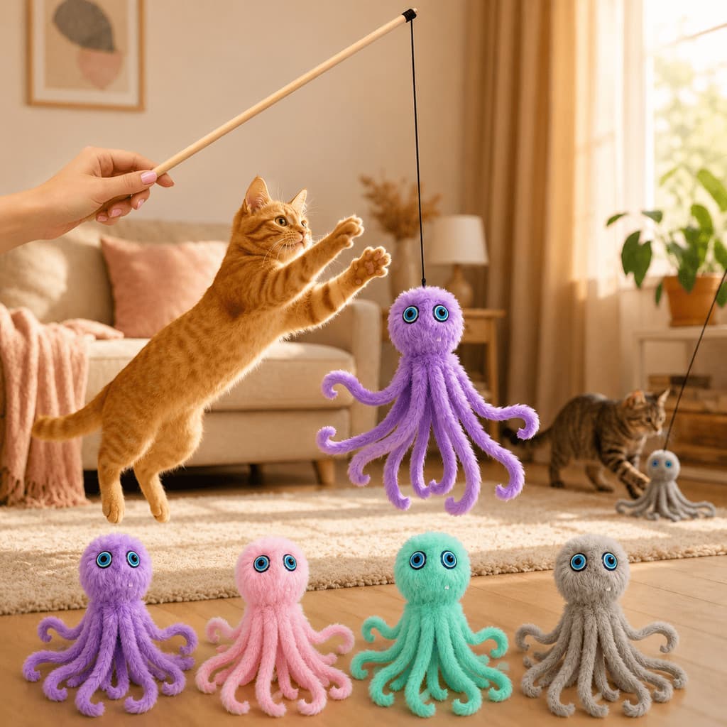 Brinquedo Varinha para Gato com Pelúcia Polvo – Interativo com Som e Cordão Elástico