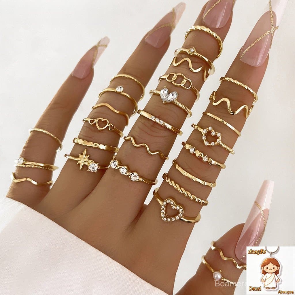 28pcs Conjunto Anéis Ondulados Mulheres Star Aneis Hollwed Love Heart Geometry Joint Anel Prata Rings Acessórios Paty