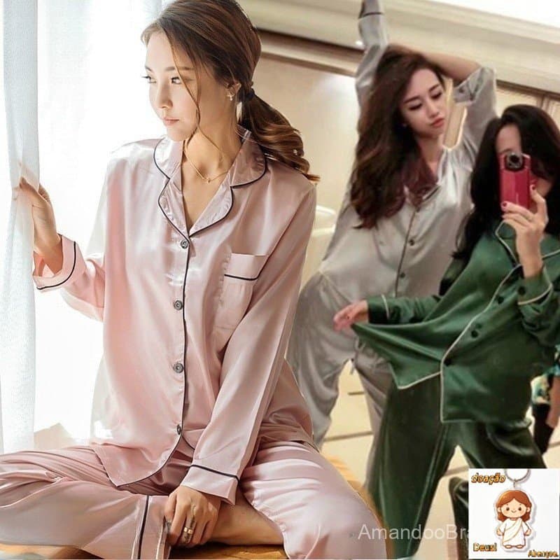 Pijamas de Cetim e Seda para Mulheres Conjunto de Pijamas de Manga Longa/Seda 010 SS 5142