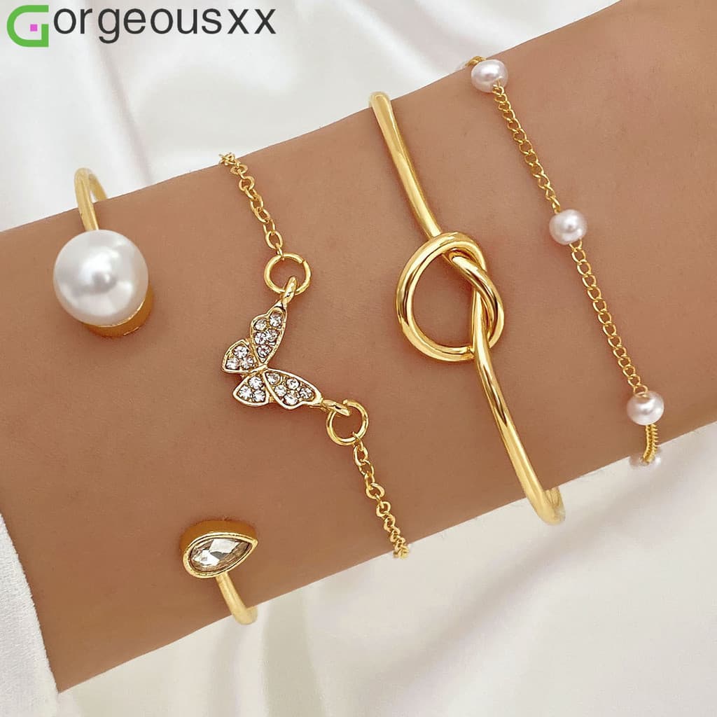 Nova Moda Requintado Strass Borboleta Nó Pulseira Para Mulheres Retro Pérola Pulseiras Conjunto Jóias