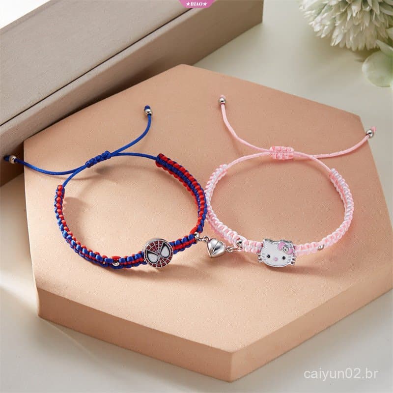 Pulseiras Combinando Hello Kitty para Casais e Melhores Amigas, Pulseira da Amizade para Mulheres e Meninas, Corda Tranç