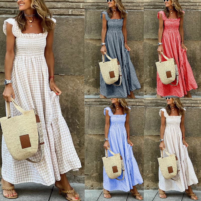 2026 Estação Independente Temperamento de Verão Roupas Femininas Colagem Xadrez Sling Elástico Vestido Grande Balanço