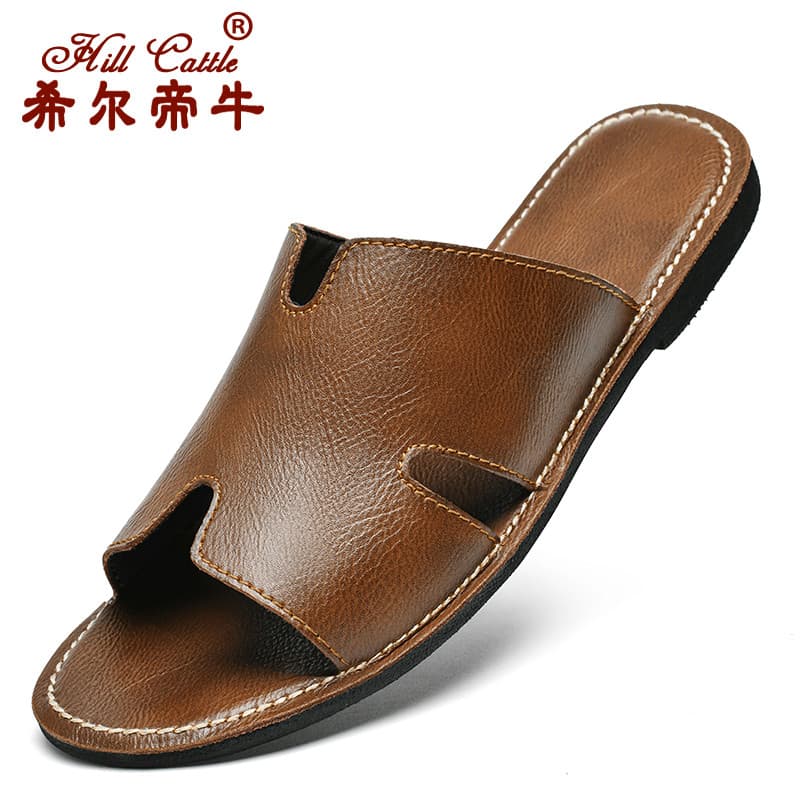 Chinelos de couro masculino couro genuíno costurado à mão todo o verão exterior Wear único Casual luz confortável mascul