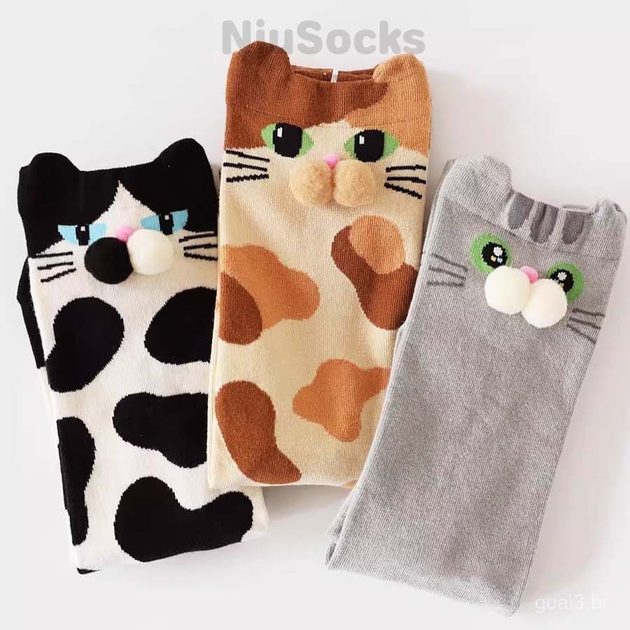 Novas Meias Curtas de Algodão 3D Fofas da Série Gato, Meias Divertidas Personalizadas para Homens e Mulheres, para Casai