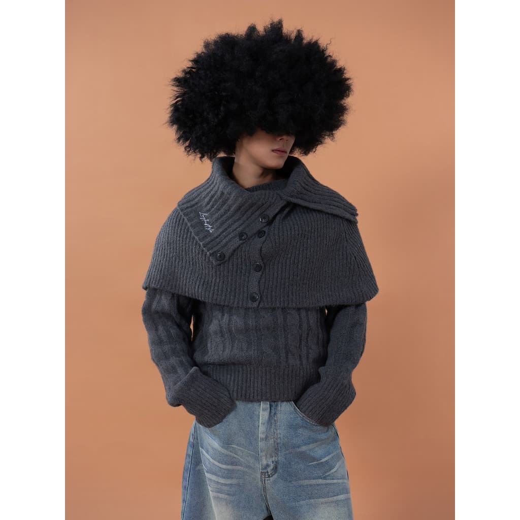 CLP Cinza Em Camadas Cardigan De Malha Bib Suéter Homens Mulheres Destacável Pescoço Plano Solto Casual Preguiçoso Pesco
