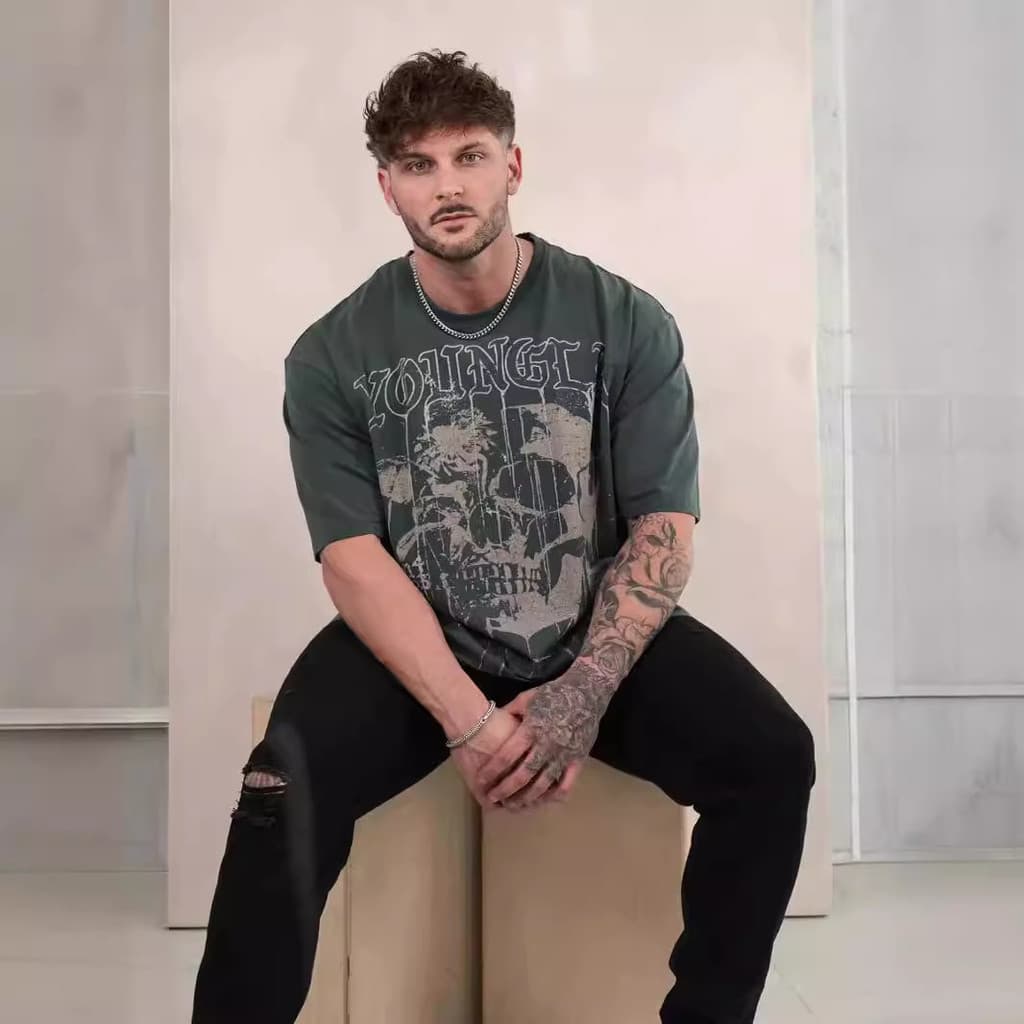 YOUNG LA verão crânio padrão americano manga curta masculina solta camiseta de algodão em torno do pescoço Fitness corre