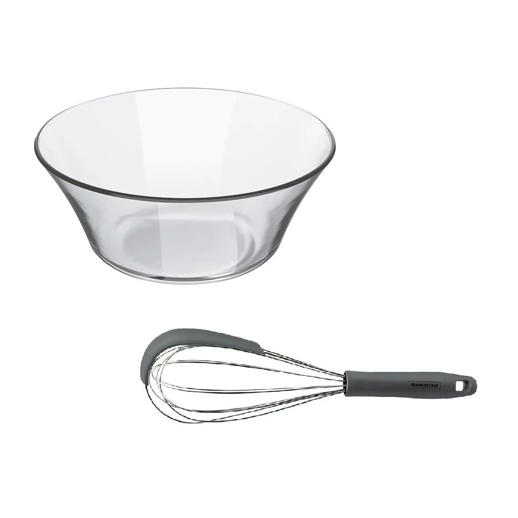 Kit Tigela De Vidro 2,3L E Batedor Manual Fouet Aço Inox Bowl Saladeira Fuê Ovos Massa Bolo Cumbuca Refratário